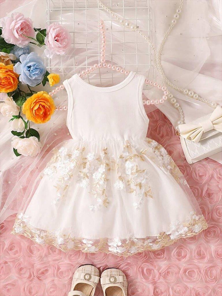 Baby White Floral Embroidery Bow Dress