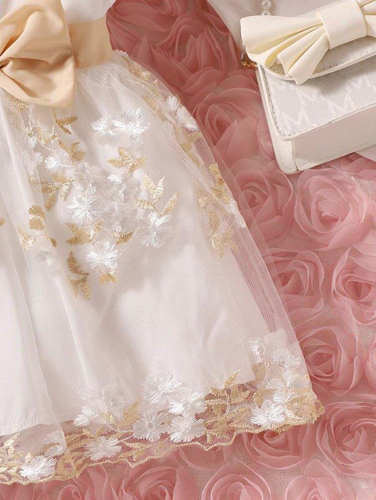 Baby White Floral Embroidery Bow Dress