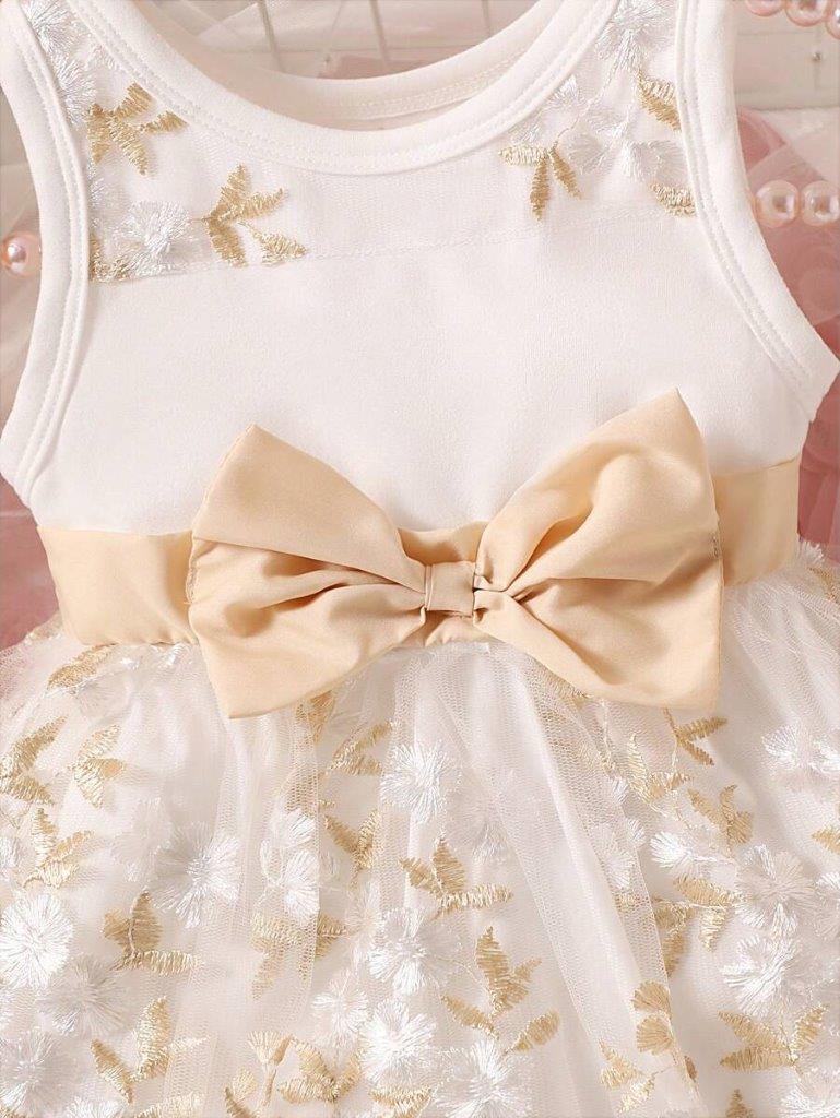 Baby White Floral Embroidery Bow Dress
