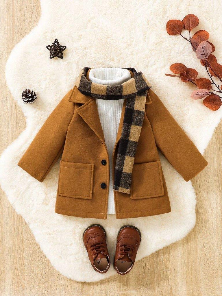 Baby Brown Coat With Plaid Scarf