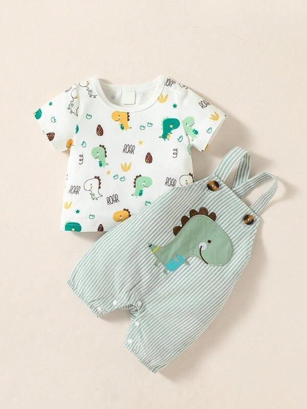 Baby Dinosaur Striped Overall 2 Piece Set