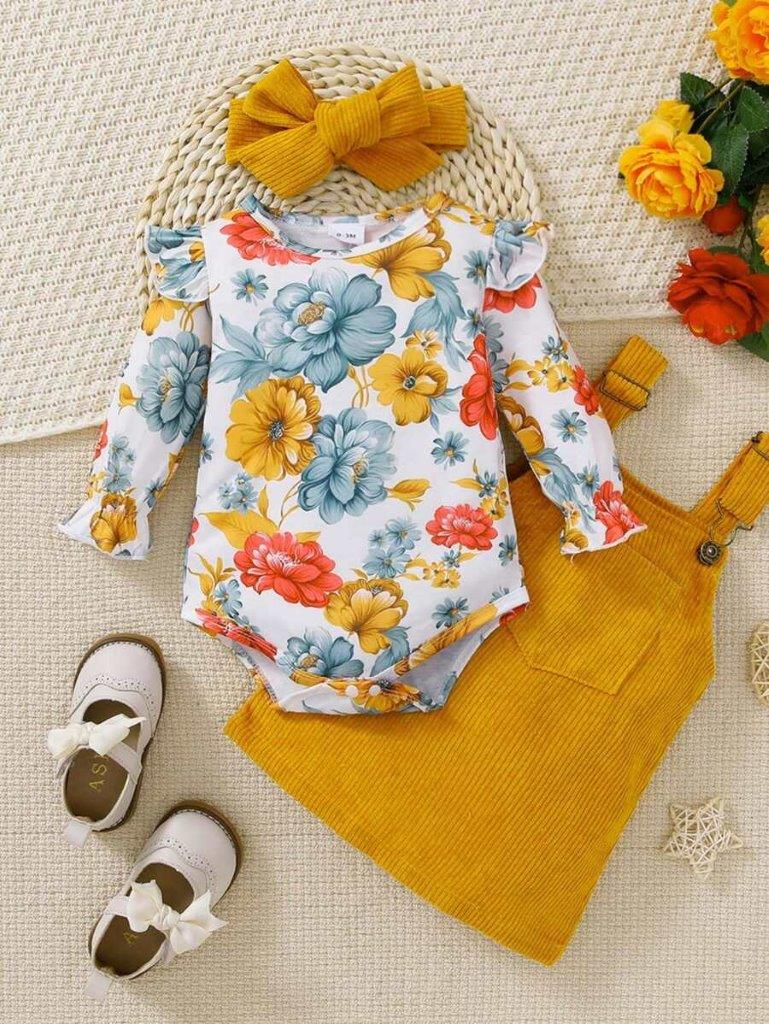 Baby Floral Bodysuit And Corduroy Dress Set