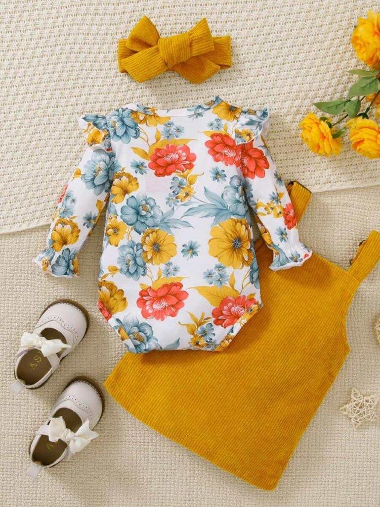 Baby Floral Bodysuit And Corduroy Dress Set