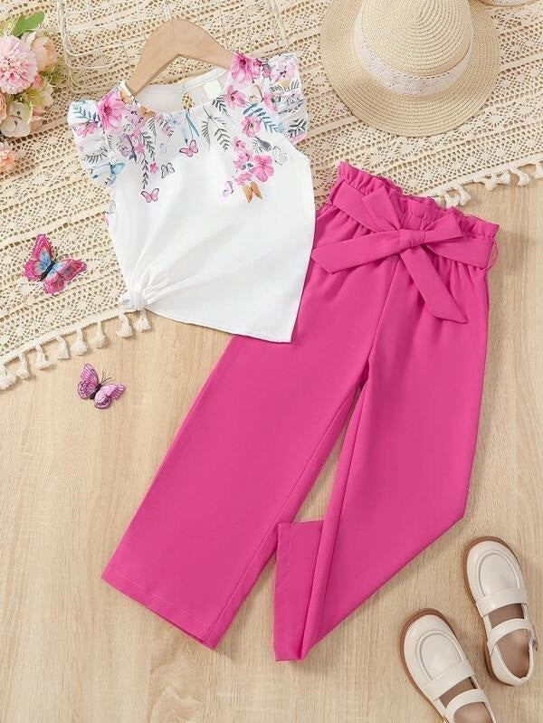 Toddler Girls Ruffle Tee And Belted Pants Set