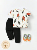 Baby leaf Print Tee and Pants Set Black