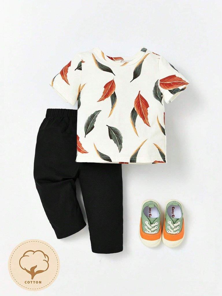Baby leaf Print Tee and Pants Set Black