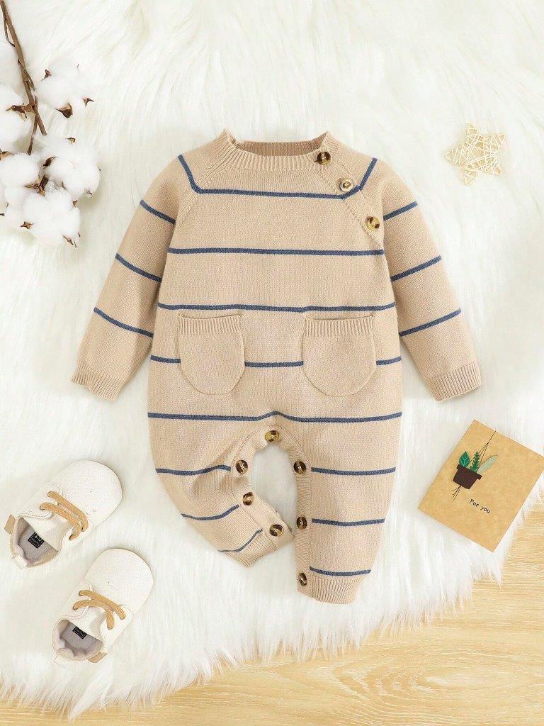 Baby Unisex Knitted Stripe Pocket Jumpsuit