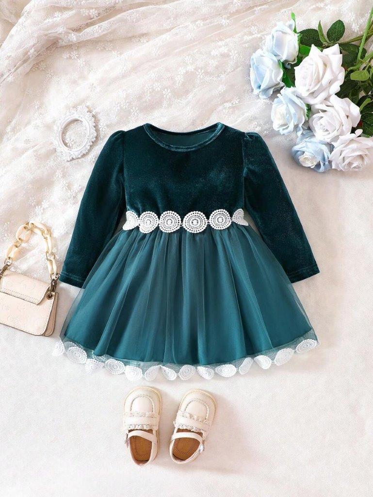 Baby Velvet Pattern Belt Dress