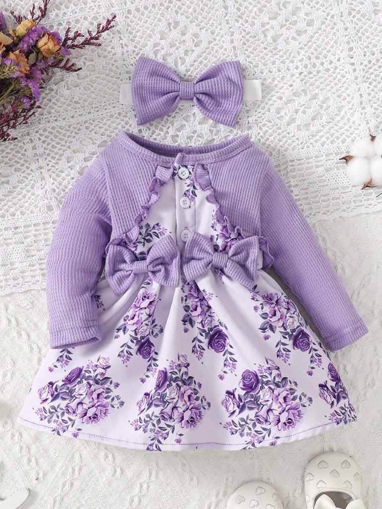 Baby Purple Double Bow Flower Dress Set
