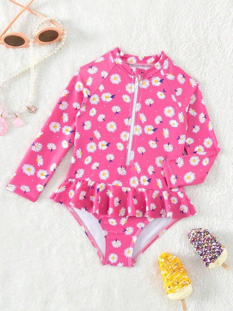 Baby Flower Swimming Costume Hot Pink