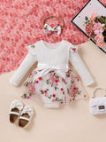 Baby Ribbed Embroidery Floral Mesh Bodysuit Dress
