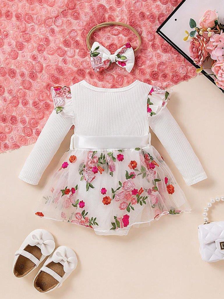 Baby Ribbed Embroidery Floral Mesh Bodysuit Dress