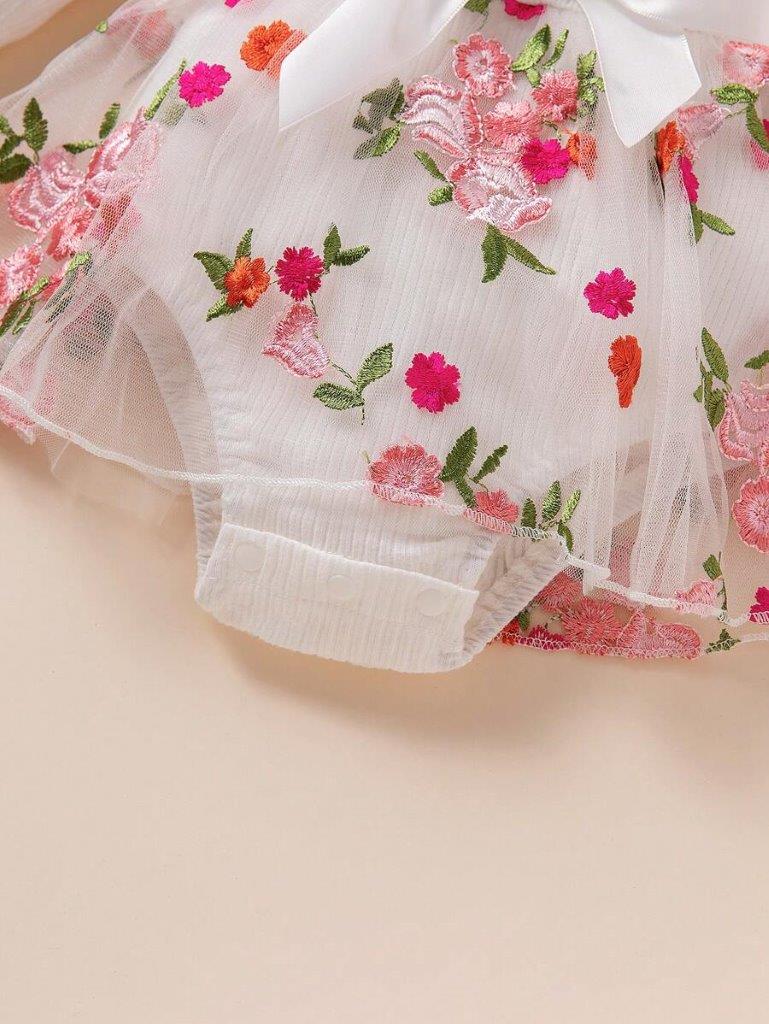 Baby Ribbed Embroidery Floral Mesh Bodysuit Dress