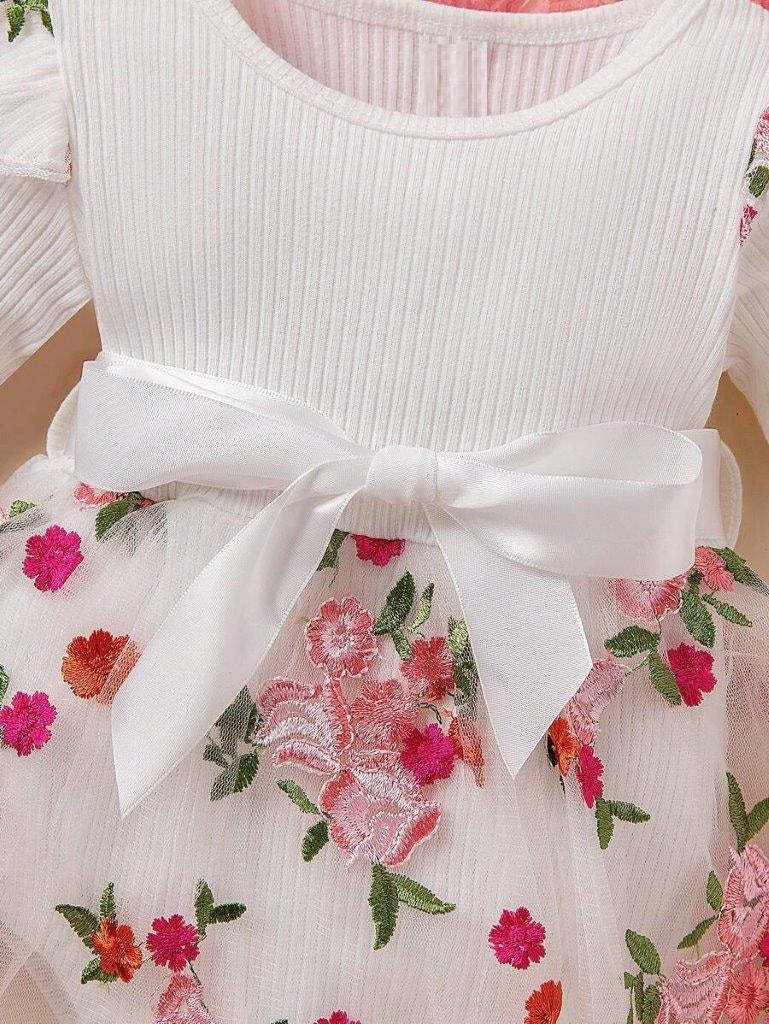 Baby Ribbed Embroidery Floral Mesh Bodysuit Dress