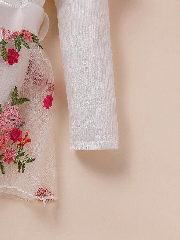 Baby Ribbed Embroidery Floral Mesh Bodysuit Dress