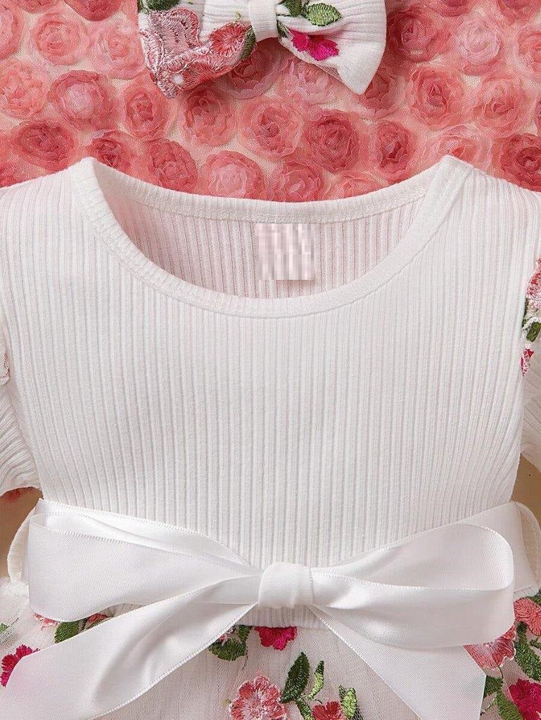 Baby Ribbed Embroidery Floral Mesh Bodysuit Dress