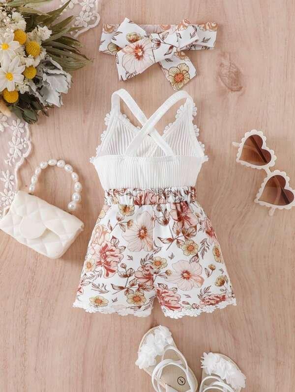 Baby Floral Print Cami Romper Set