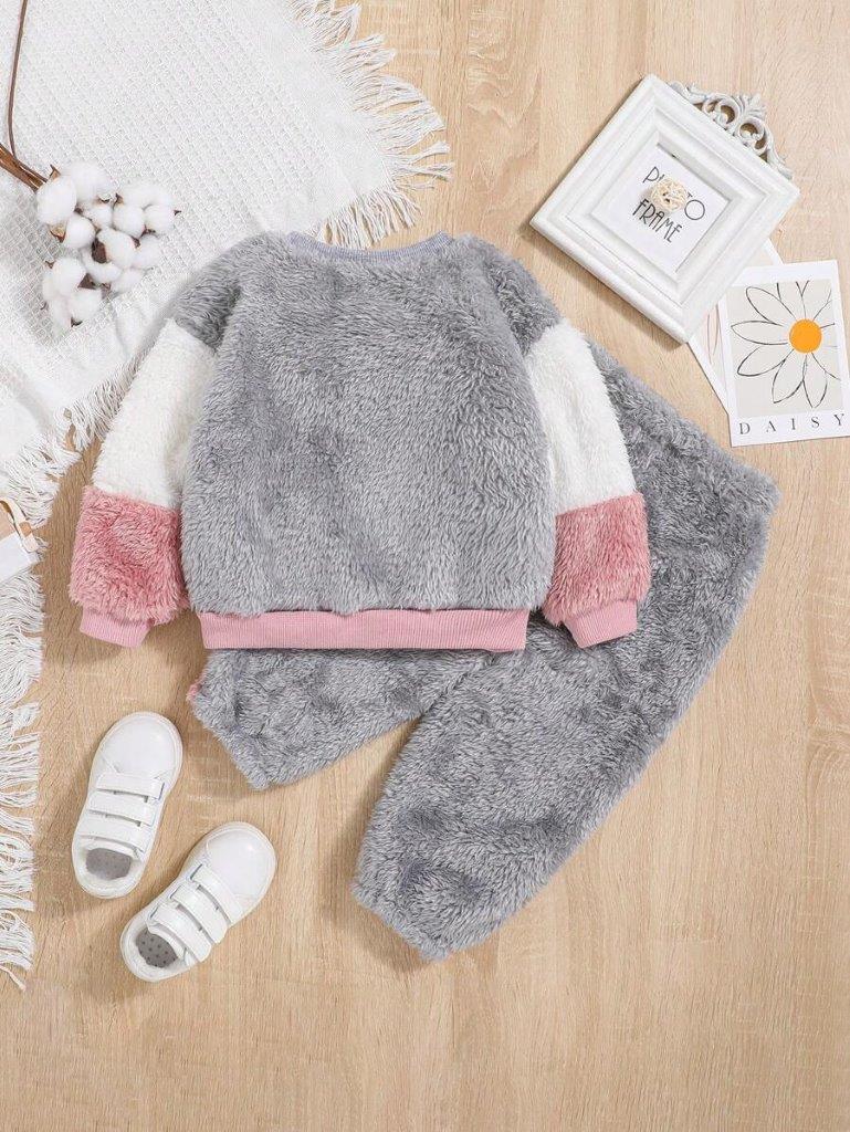 Baby Colour Block Teddy Pullover And Pants Set