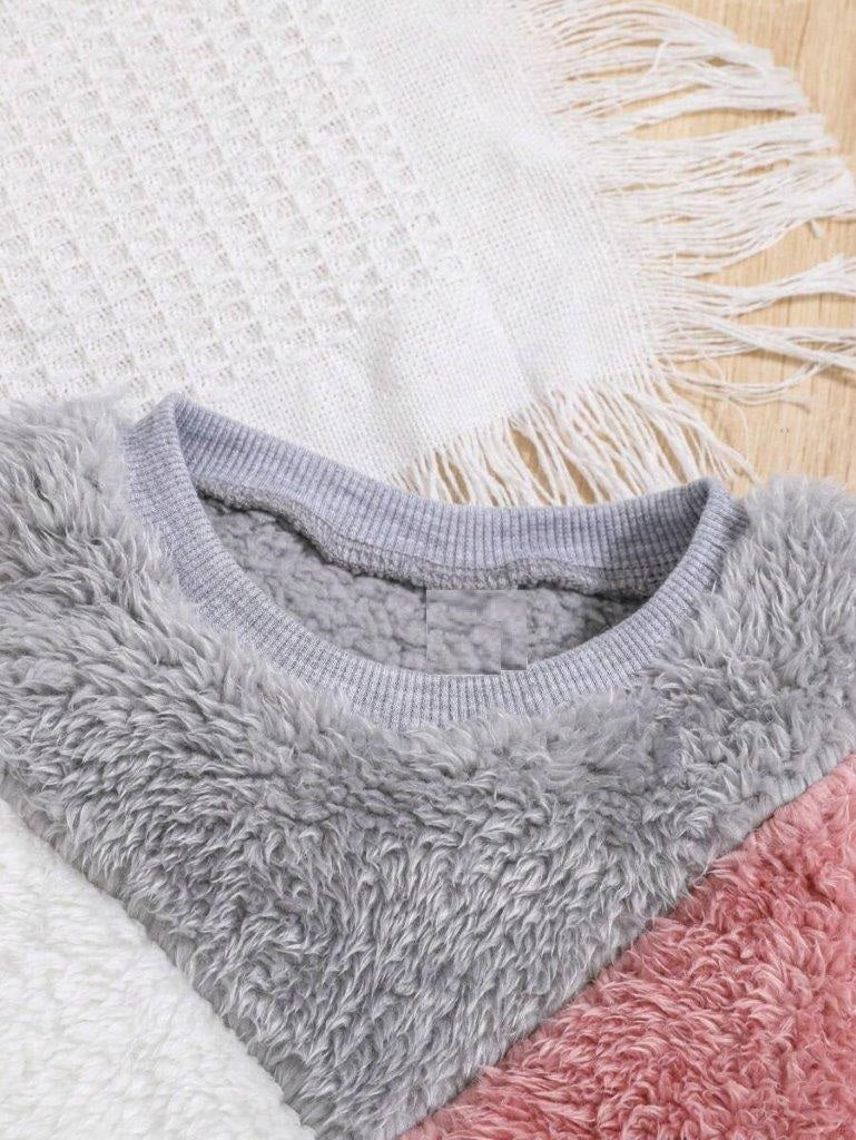 Baby Colour Block Teddy Pullover And Pants Set
