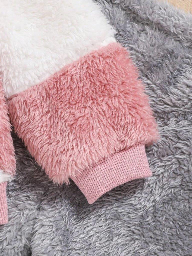 Baby Colour Block Teddy Pullover And Pants Set