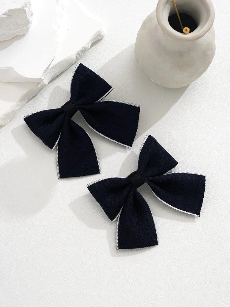 2 Piece Silver Lining Bow Hair Clips Navy Blue