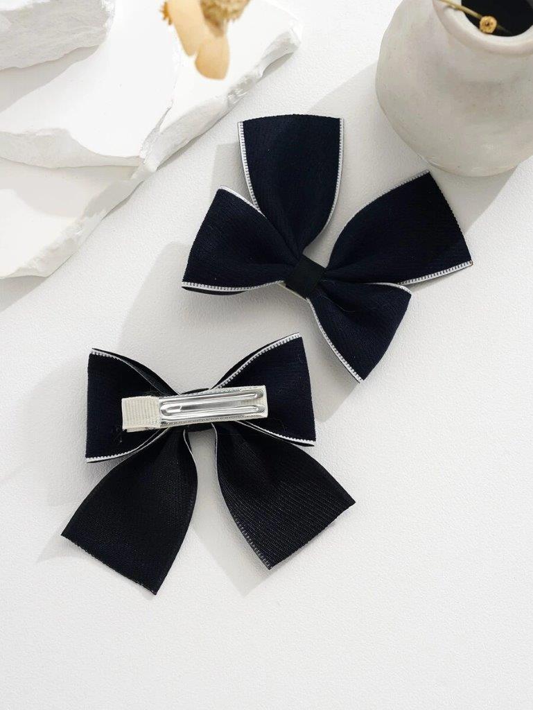 2 Piece Silver Lining Bow Hair Clips Navy Blue