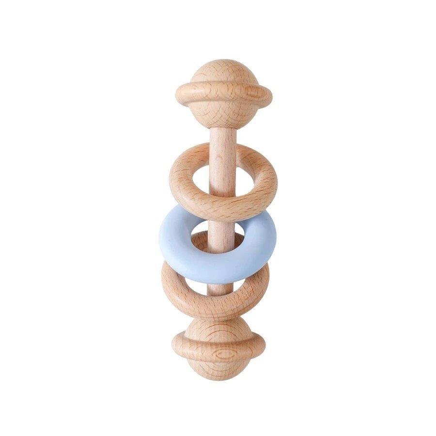 Baby Wooden/Silicone Teething Rattle Blue
