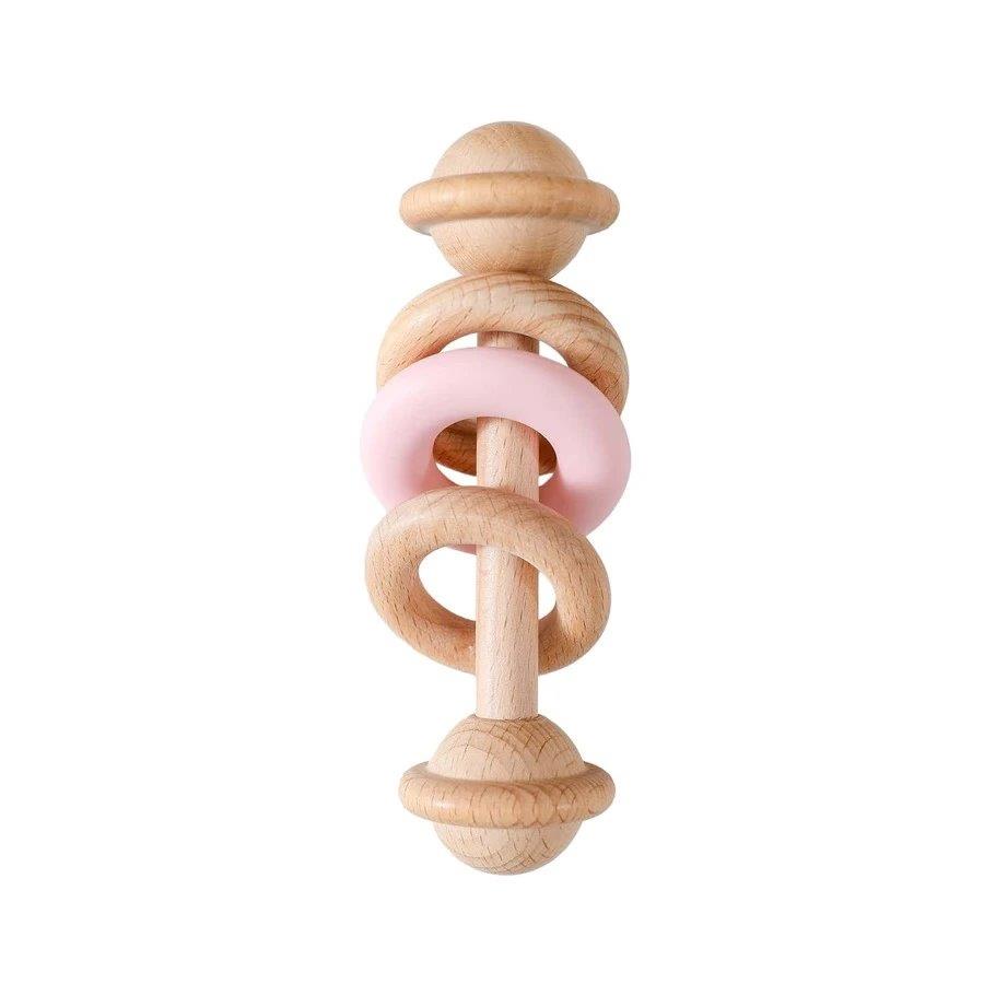 Baby Wooden/Silicone Teething Rattle Pink