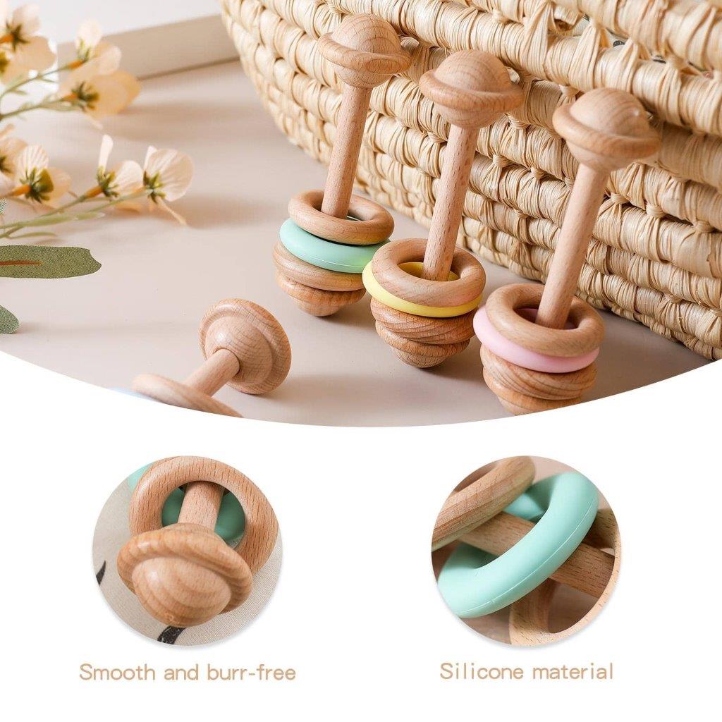 Baby Wooden/Silicone Teething Rattle Pink