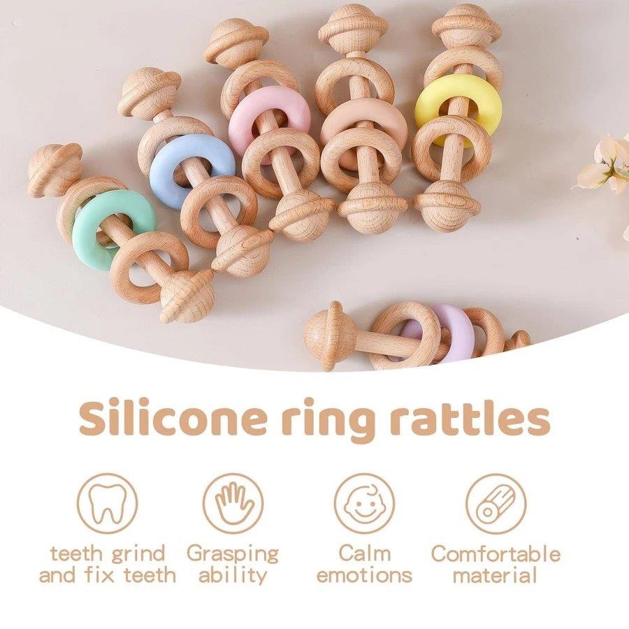 Baby Wooden/Silicone Teething Rattle Pink