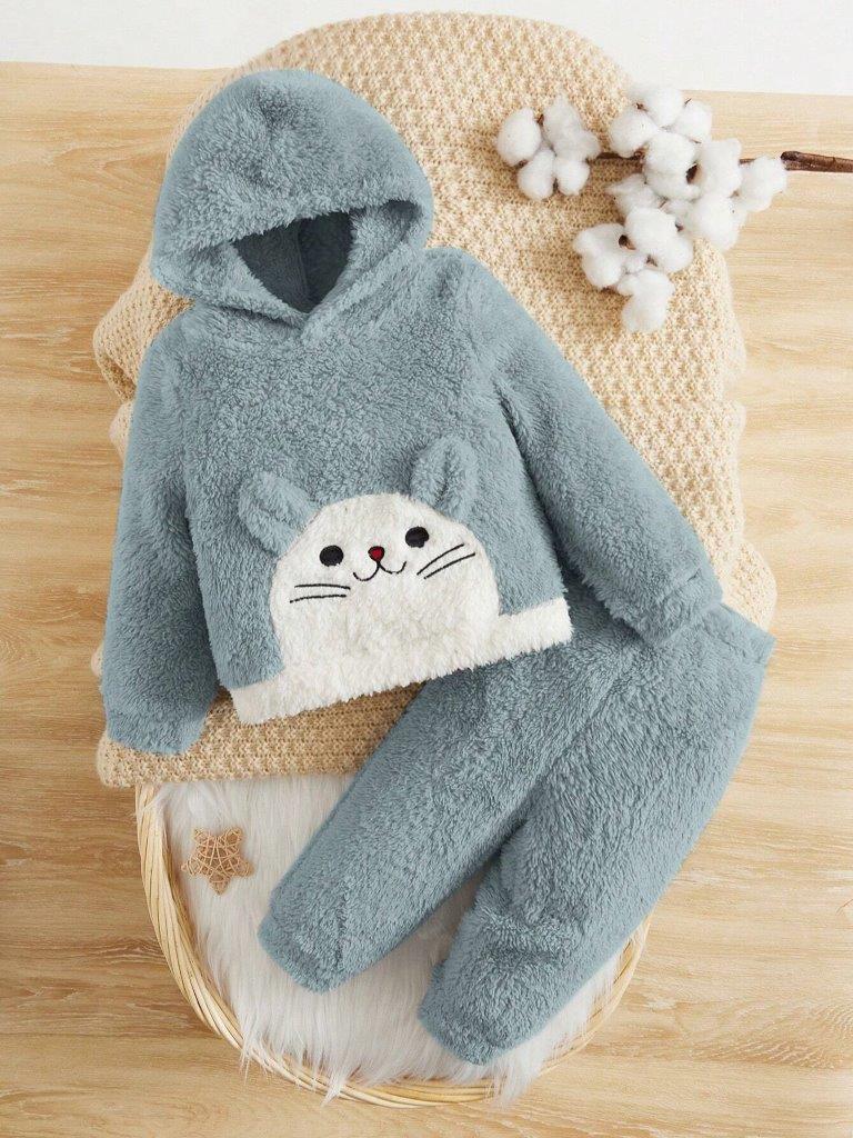 Baby Cartoon Fleece 2 Piece Set Dusty Blue