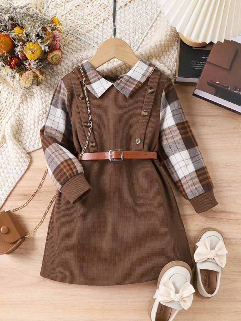Toddler Girls Button Plaid Belted Dress