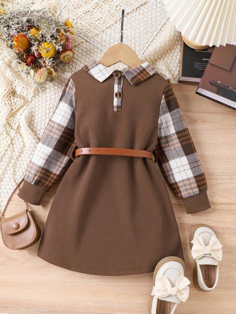 Toddler Girls Button Plaid Belted Dress