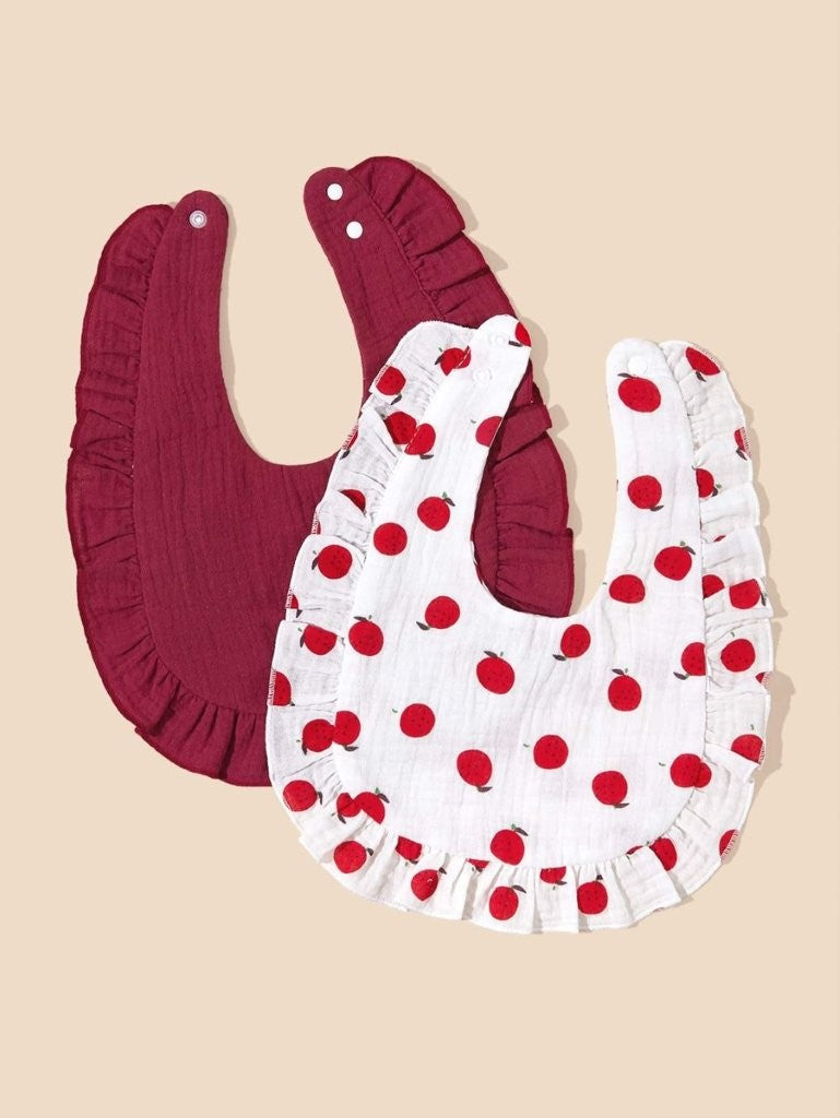 100% Cotton Stylish Ruffle Trim Bibs 2 Piece Cherry