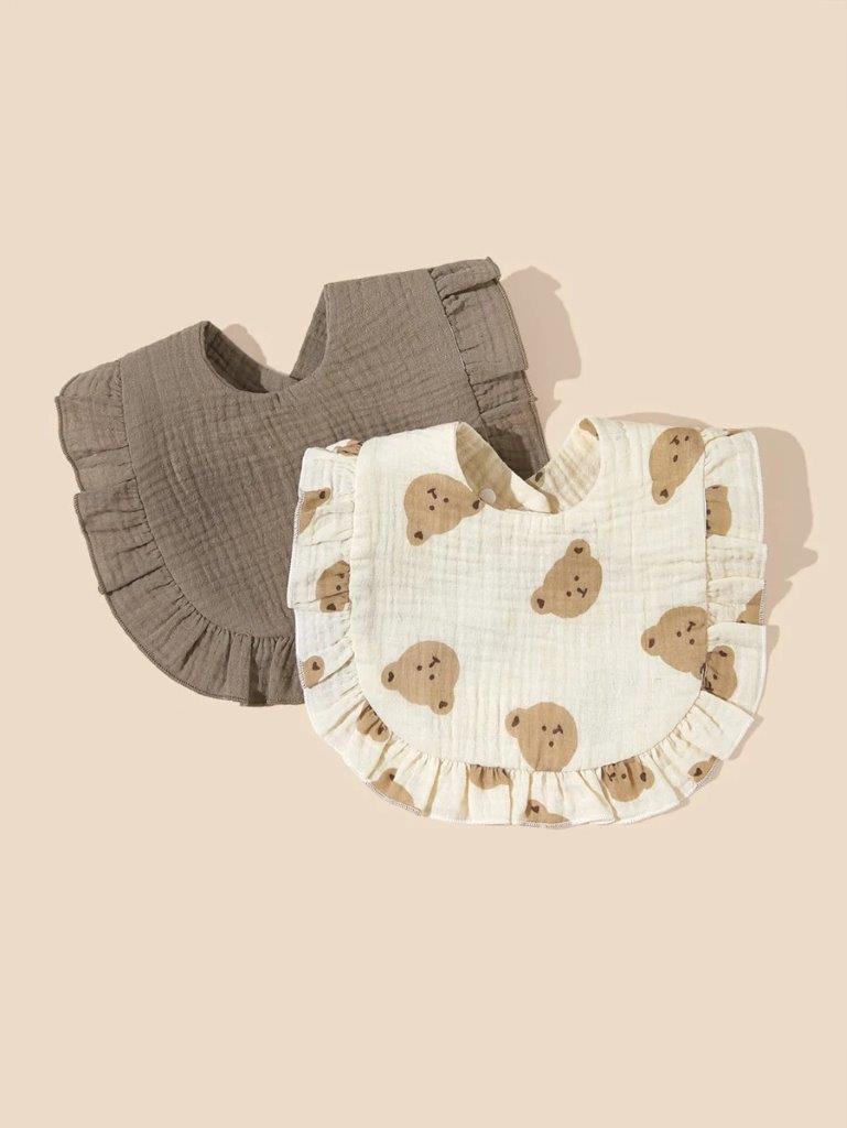 100% Cotton Stylish Ruffle Trim Bibs 2 Piece Teddy Bear