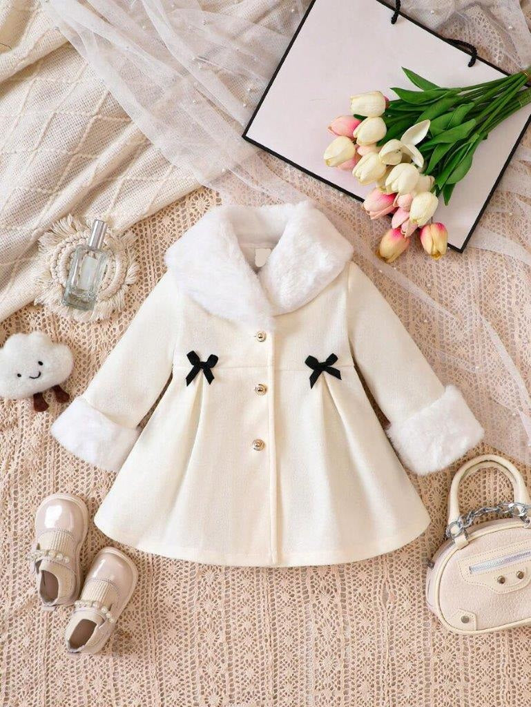 Baby Black Double Bow Fur Collar Coat Apricot