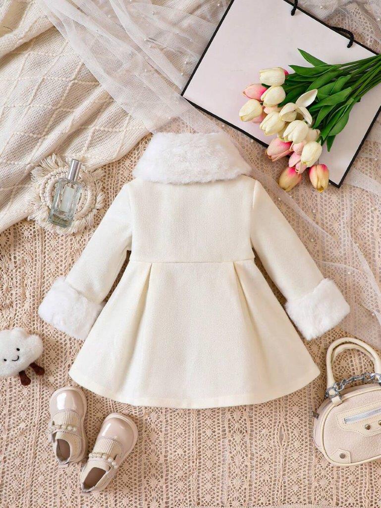 Baby Black Double Bow Fur Collar Coat Apricot