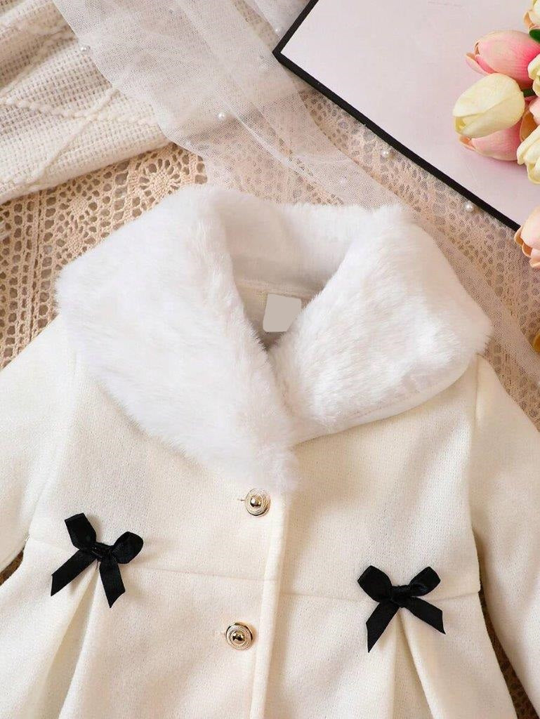 Baby Black Double Bow Fur Collar Coat Apricot