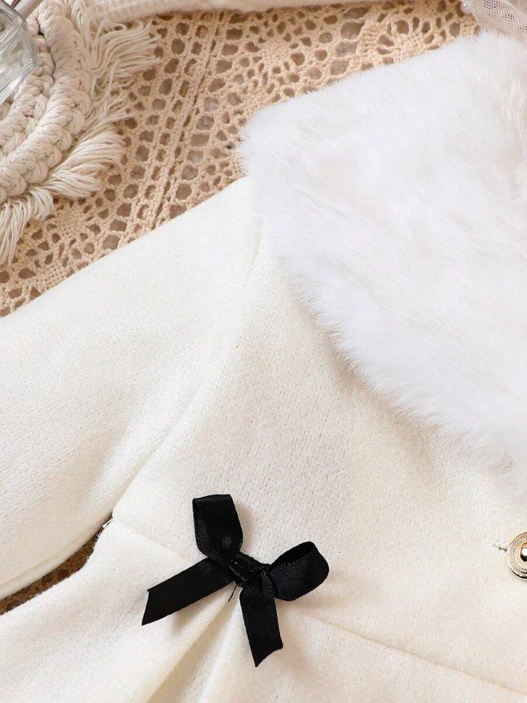 Baby Black Double Bow Fur Collar Coat Apricot