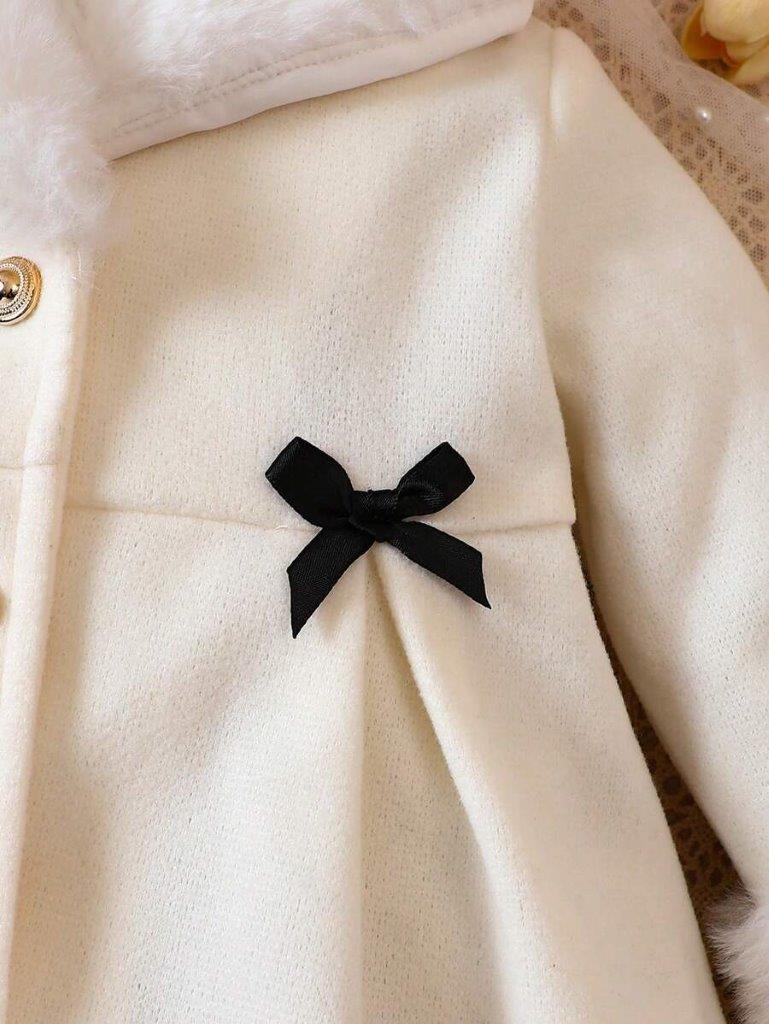 Baby Black Double Bow Fur Collar Coat Apricot