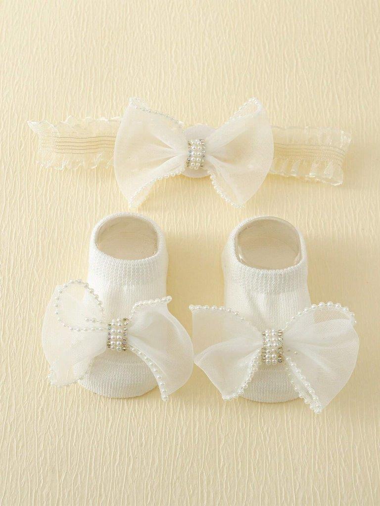 Baby Pearl Decor Socks With Headband 0-6 mnths