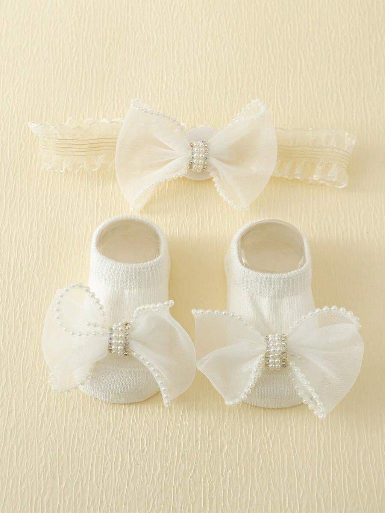 Baby Pearl Decor Socks With Headband 0-6 mnths