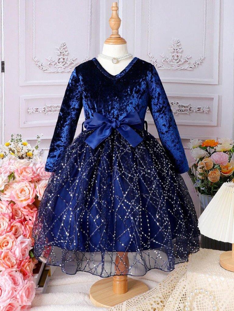 Toddler Girls Velvet Sequin Belted Dress