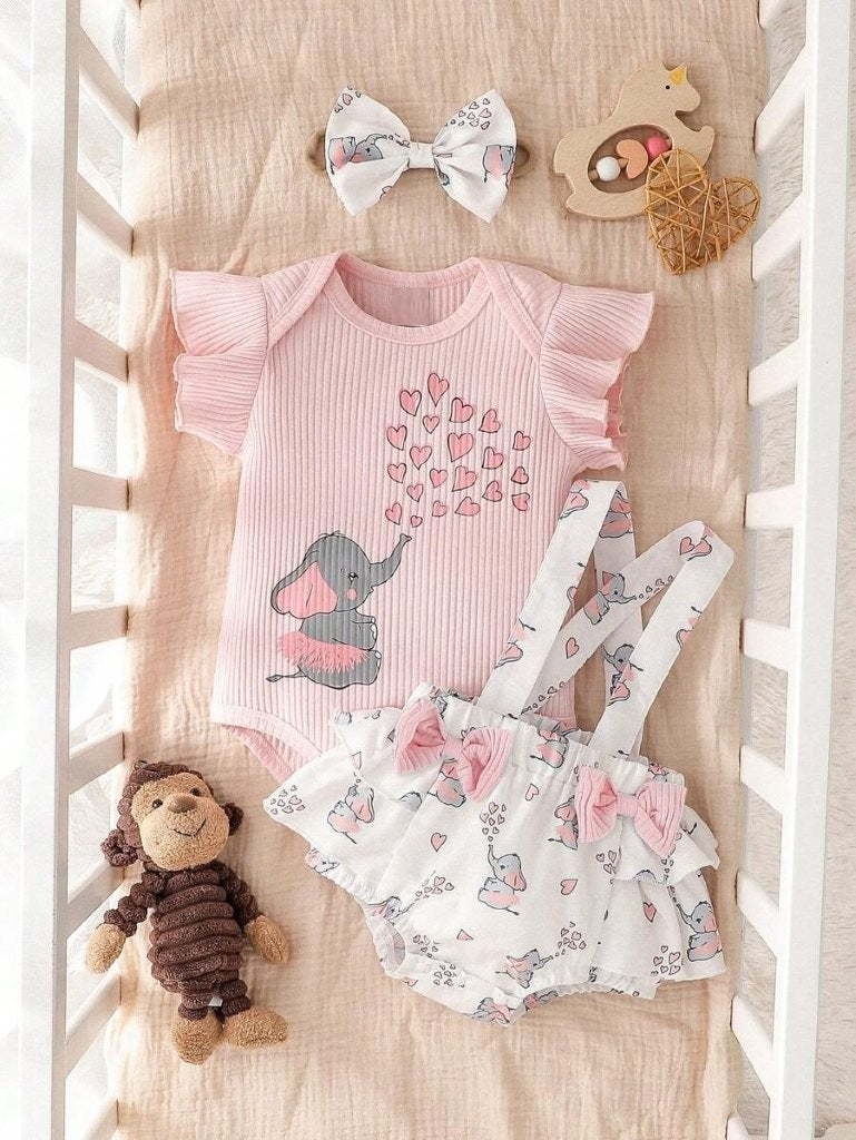 Baby Elephant Character Bodysuit With Pinafore Dress Set