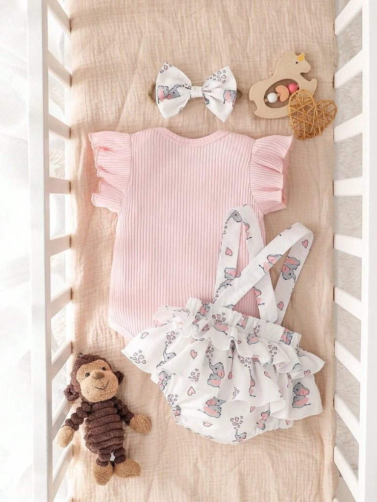 Baby Elephant Character Bodysuit With Pinafore Dress Set