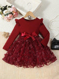 Toddler Girls Burgundy Ruffle Trim Belt Dress