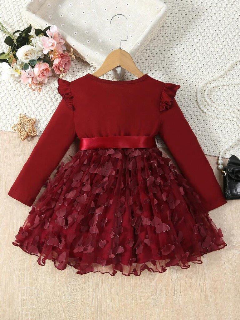 Toddler Girls Burgundy Ruffle Trim Belt Dress