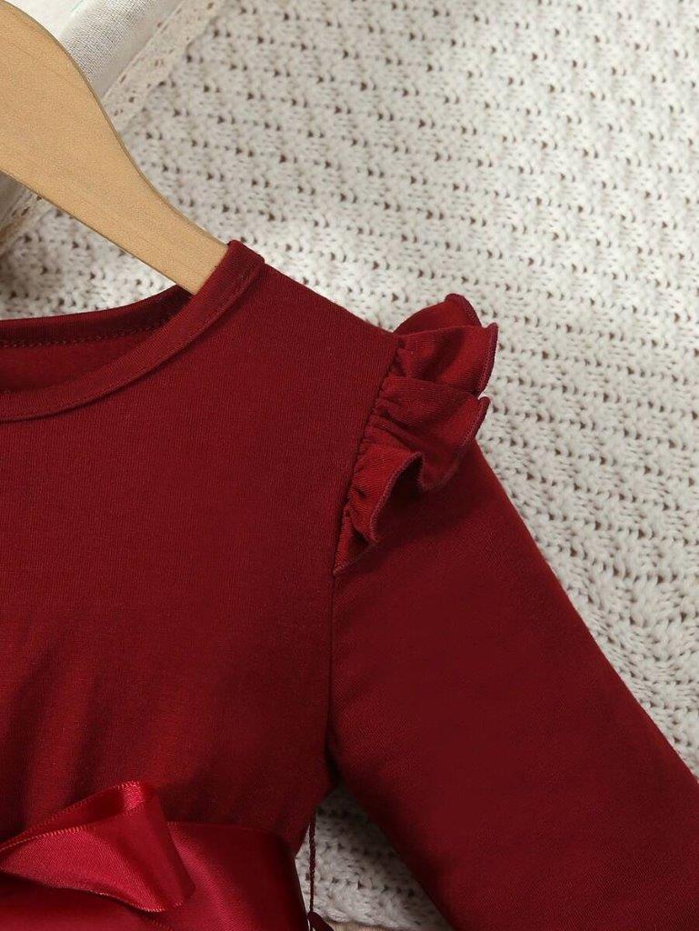 Toddler Girls Burgundy Ruffle Trim Belt Dress