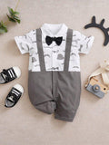 Bow Tie Moustache Print Baby Grow Grey