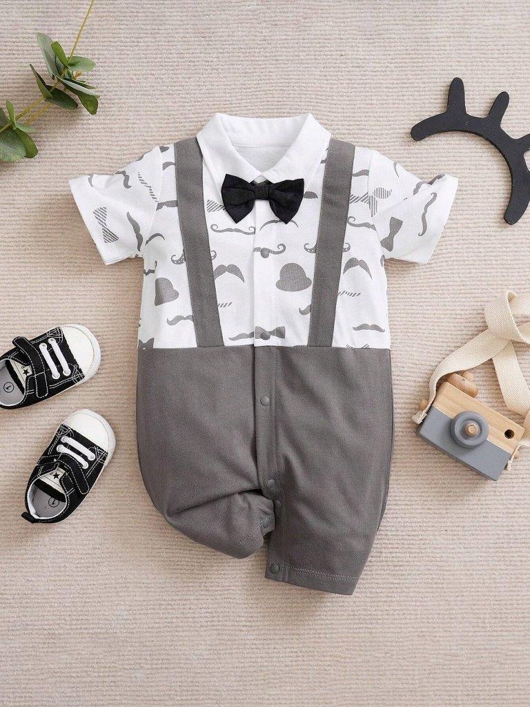 Bow Tie Moustache Print Baby Grow Grey